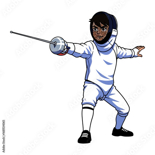 Fencing with precision: A determined athlete in protective gear lunges forward with poised focus, gripping the épée in a dynamic, artistic illustration of skill and athleticism.