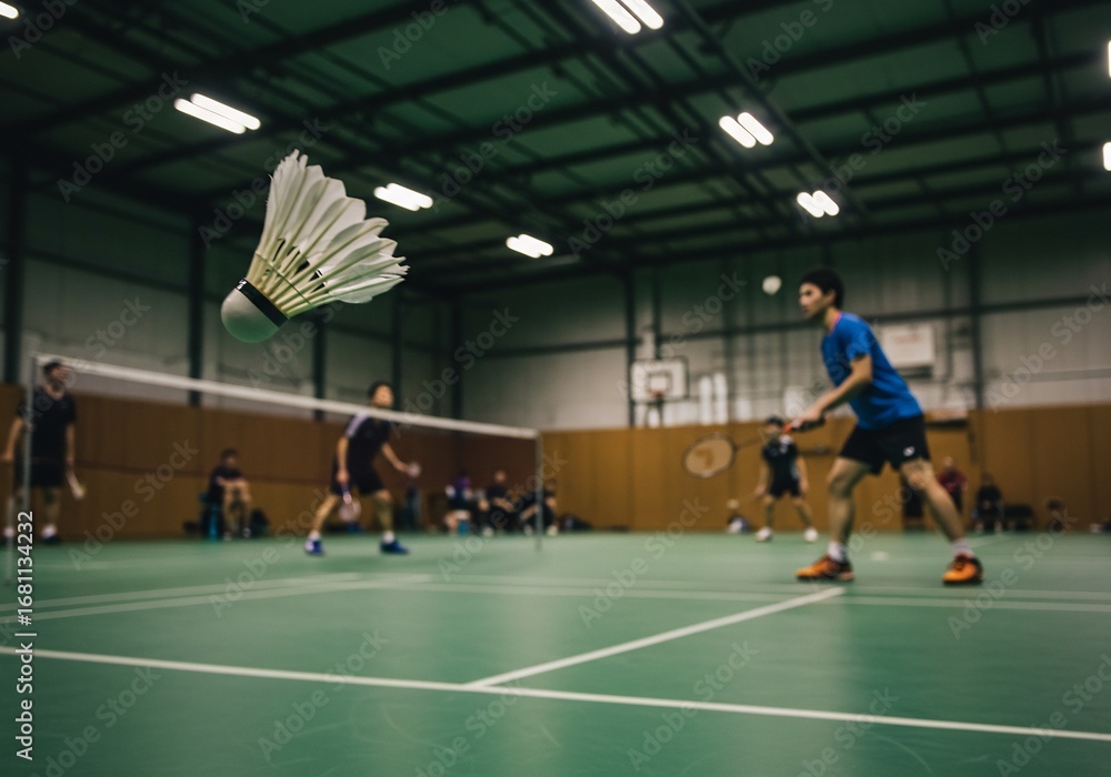 Fototapeta premium バドミントン選手が緑のコートでプレーする様子