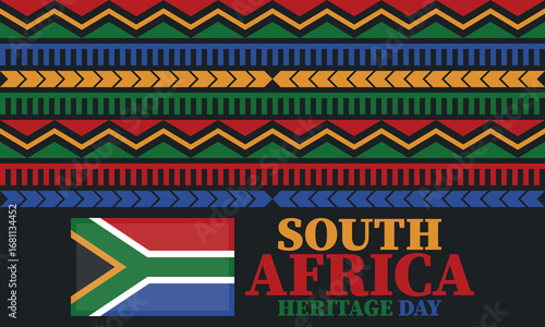 South Africa Heritage Day. Happy holiday. Celebrate culture and traditions of nation. South African flag. Poster with illustration. Pattern design. Vector