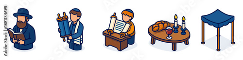 isometric jewish rituals icons – rabbi, torah, scribe, shabbat table, chuppah, mezuzah
