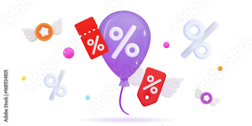 3d low price Loyalty program, discount coupon, sales with an excellent offer Special promotion, advertising Flying balls Holiday sale