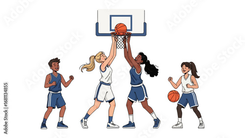 Basketball Game Dynamic: Capture the exhilarating motion of a women's basketball game, showcasing dynamic action and teamwork as players compete to score.