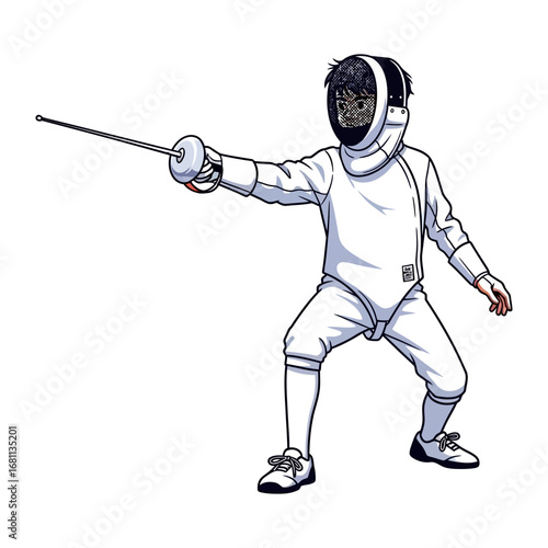 Poised for the Bout: A focused fencer stands ready, blade extended, and clad in a protective uniform, capturing the intense focus and anticipation of a fencing duel.