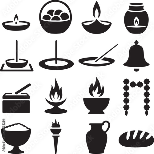 Indian Festival Of Lights Diwali Icons With Lamps And Offerings hindu