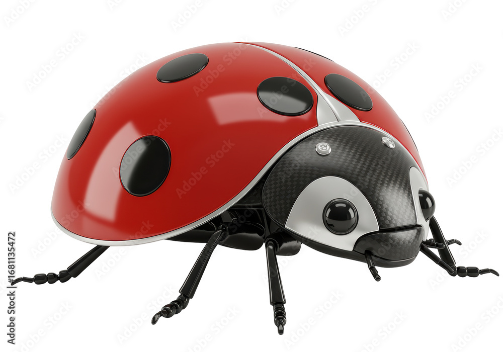 Obraz premium Isolated red ladybug beetle insect with black dots, shiny exterior, detailed legs and face