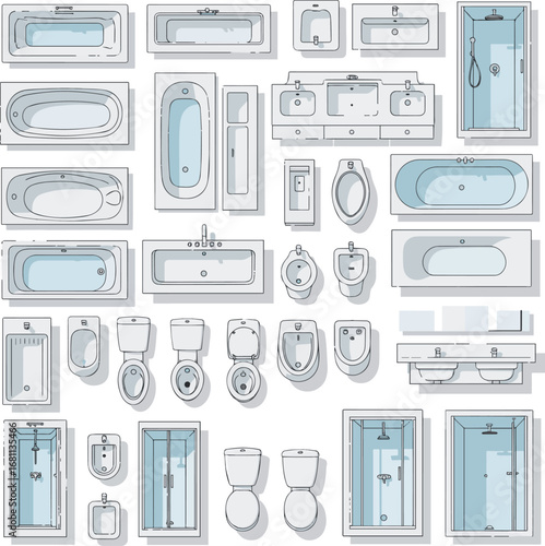 Isolated a kinds of deferent Bathroom furniture. Top view. Architectural collection. Baths, shells, toilets, bidets, urinals, showers. View from above. Vector art with white background..