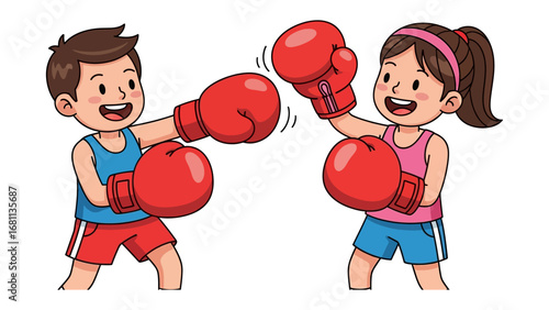 Boxer Kid's Sport: Two young boxer children with boxing gloves engage in a dynamic boxing session, a playful portrayal of a boxing match, an illustration of physical fitness, and youthful energy.