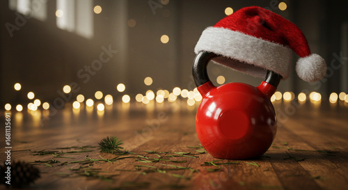 Red kettlebell with Santa hat on wooden gym floor, Christmas fitness holiday theme