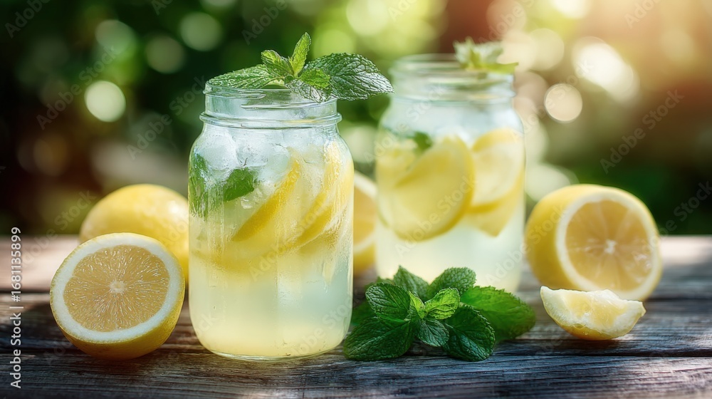 Fototapeta premium Refreshing Lemonade with Mint in Glass Jars on a Rustic Wooden Table Outdoors