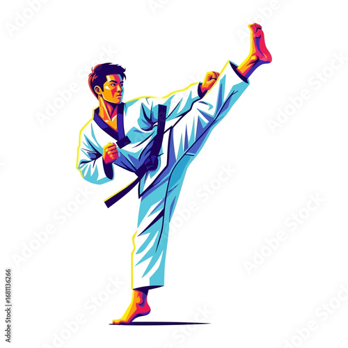 Dynamic Taekwondo: An athlete executes a powerful high kick in a vivid display of martial arts expertise and dedication, embodying focus, strength, and discipline.