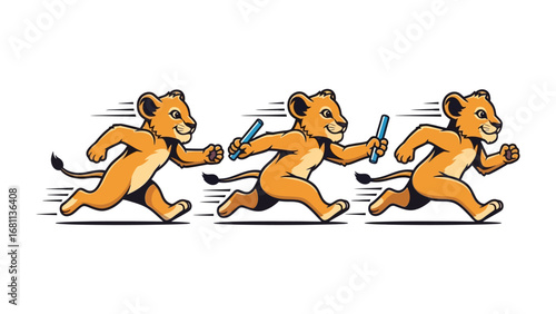 Lion Cubs Relay Race: A playful depiction of three cartoon lion cubs engaged in a spirited relay race, embodying the spirit of competition and teamwork.