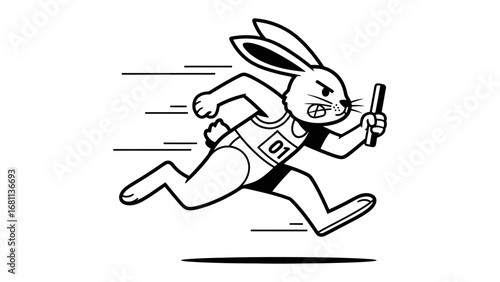 Fast Rabbit Relay Racer: A dynamic, monochromatic illustration of a rabbit, intense focus etched on its face, sprints at full speed in a relay race, conveying raw energy.