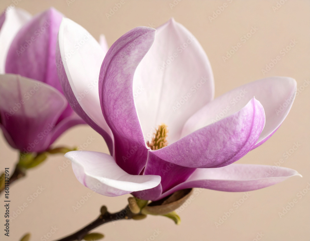 Obraz premium beautiful close-up photograph features two delicate purple magnolia flowers with soft, curving petals and prominent stamens. They are elegantly arranged on a dark branch against a serene light beige 