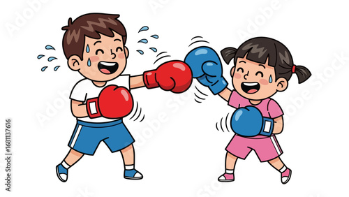 Young Boxer: Two youthful figures, engaged in a playful boxing match, their cheerful smiles revealing the joy and energy of the game.
