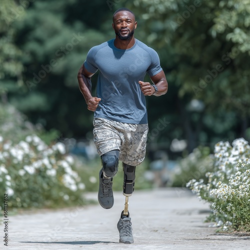 A black man with a prosthetic leg runs in a park on a summer day