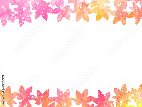 秋の紅葉のイメージの背景素材。水彩風テクスチャー。紅葉の葉っぱのシルエット。かわいい色調。ふんわりした光の輝き。広いコピースペース。