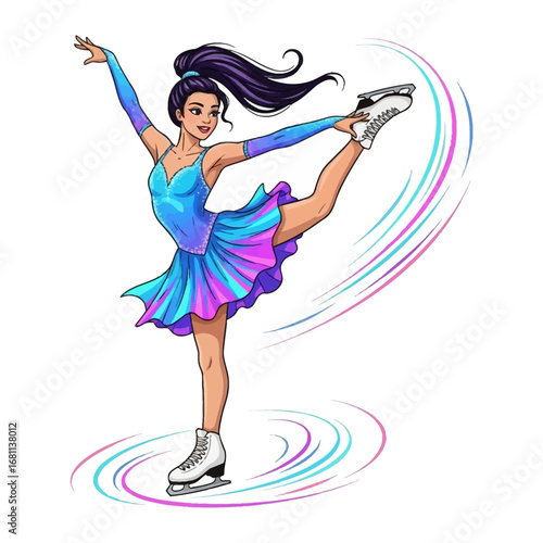 Graceful Skater in Motion: A vibrant illustration of a skilled ice skater gliding across the ice with fluidity and poise, her every move radiating elegance and precision.