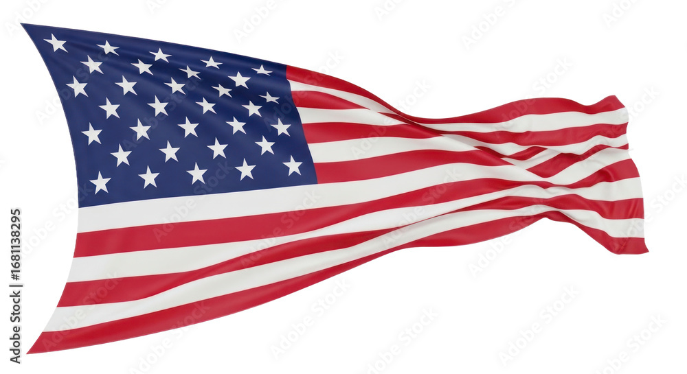 Fototapeta premium Waving American Flag with Vibrant Red, White, and Blue Stars and Stripes, Isolated on a Transparent Background - A Symbol of Patriotism and Freedom. isolated on transparent background, png background