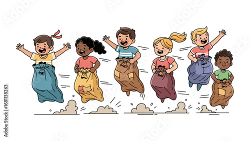 Sack Race Joy: Joyful children participate in a sack race, their faces alight with laughter and competitive spirit, as they leap across the finish line in a spirited display of teamwork.