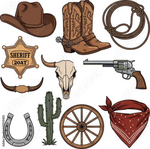 Isolated a kinds of deferent Western theme work for t-shirt prints, posters, and other uses. Vector art with white background.