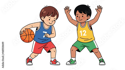 Basketball game: The image shows two boys playing basketball. one of them has a basketball in his hands and another one is trying to defend him.