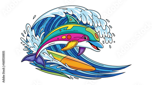 Canvas Print Dolphin Surfing the Wave: A vibrantly colored illustration depicts a playful dolphin expertly surfing a powerful wave, evoking a sense of joy and aquatic adventure