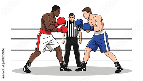 Boxing Match Showdown: Witness the dynamic intensity of a boxing match. Two fierce competitors face off in the ring, with the referee overseeing the action, embodying the spirit of competition.