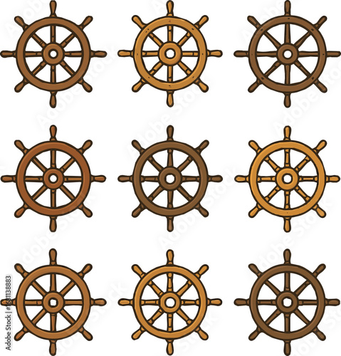 Isolated a kinds of Different 9 ship steering wheels Vector art color with white background.