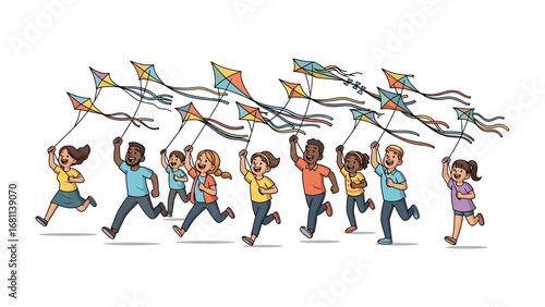 Joyful Kite Runners: Capturing the joyous essence of youth, a group of children sprint across a field, their kites soaring against a clear sky, embodying freedom and vibrant energy.