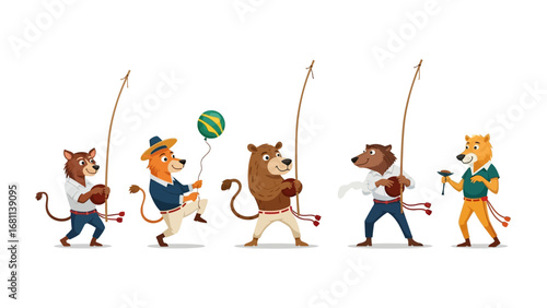 Playful Capoeira Animals: Whimsical anthropomorphic animals engage in capoeira, a unique blend of martial arts and dance, in a lively, dynamic, and energetic scene.