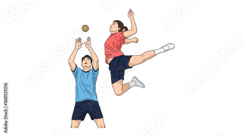 Sepak Takraw Action: Dynamic illustration depicting athletes executing powerful kicks and precise moves in a lively sepak takraw game, showcasing athleticism and teamwork.