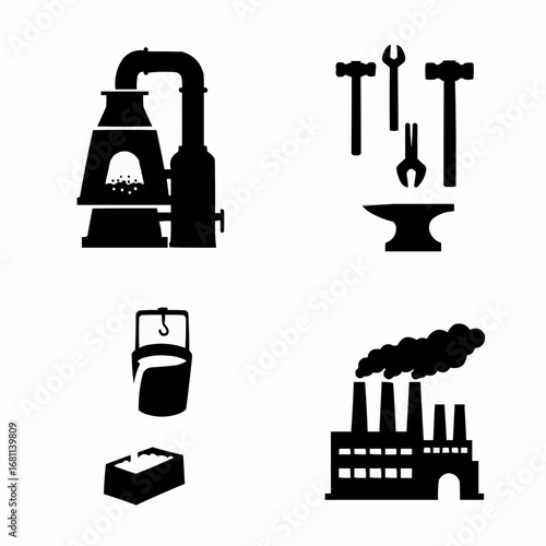 Oil and gas industry filled silhouette set with rigs barrels, pipelines and refineries