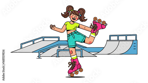 Joyful Roller Skating: A spirited young girl is demonstrating her roller skating skills against a skatepark backdrop, encapsulating a fun and active lifestyle, conveying excitement, energy.