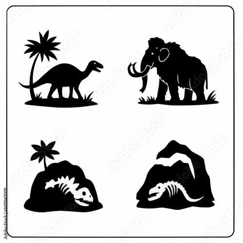 Prehistoric filled silhouette set with dinosaurs mammoths caves and fossils