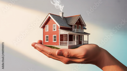 Hand Holding A Miniature Red House With Smoke From Chimney miniature house real estate