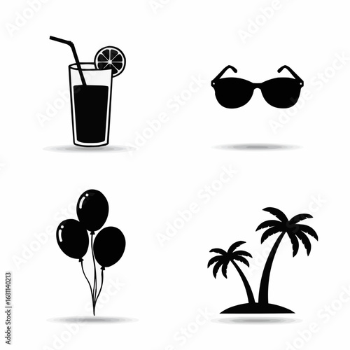 Summer party filled silhouette set with cocktails sunglasses balloons and palm trees