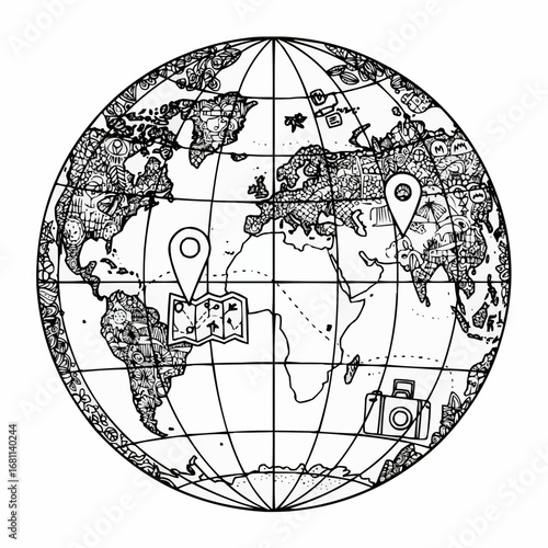 Globe filled silhouette set with world maps continents globes and travel symbols