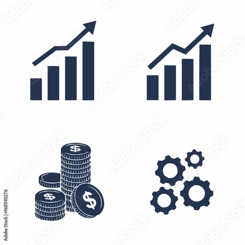 Marketing growth filled silhouette set with arrows bar charts coins and strategy icons