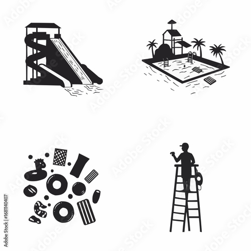 Water park filled silhouette set with slides pools