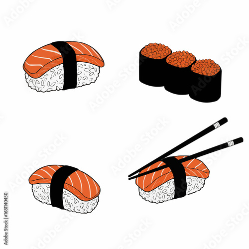 Types of sushi filled silhouette set with nigiri rolls sashimi and chopsticks