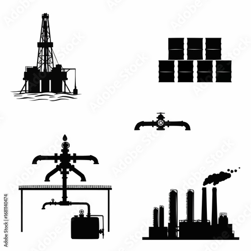 Metallurgy filled silhouette set with furnaces, tools molten metal and factories