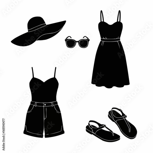 Summer clothing filled silhouette set with hats sunglasses dresses shorts and sandals