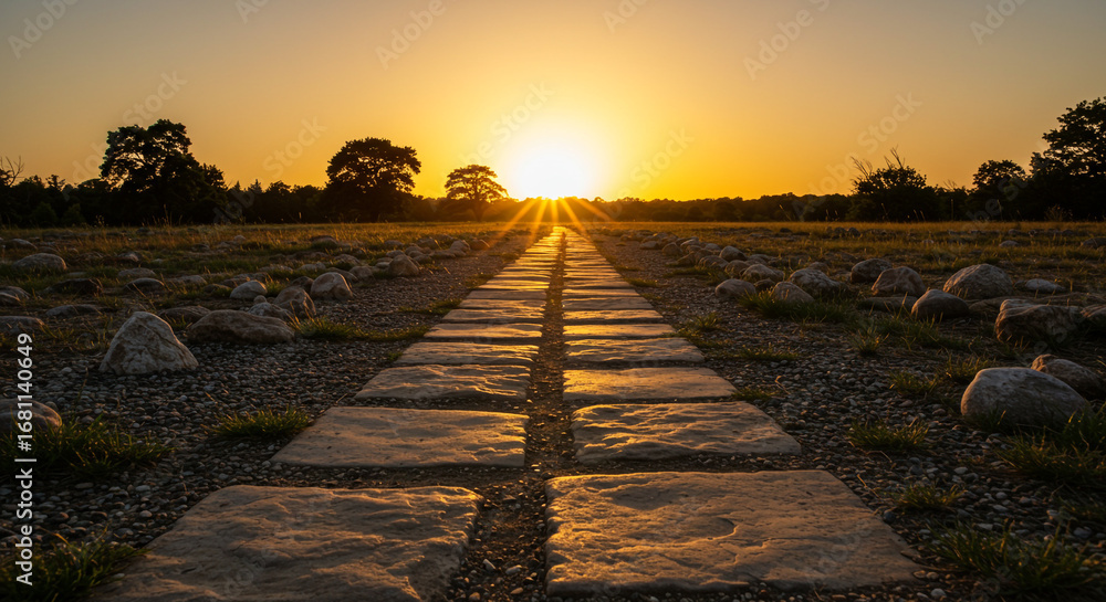 Fototapeta premium Golden sunset illuminates a stone path leading through a field with scattered rocks and trees