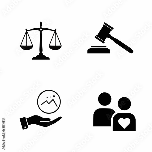 Ethics filled silhouette set with balance scales justice and moral concepts