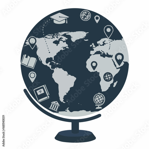 Globe filled silhouette set with world map navigation and education icons