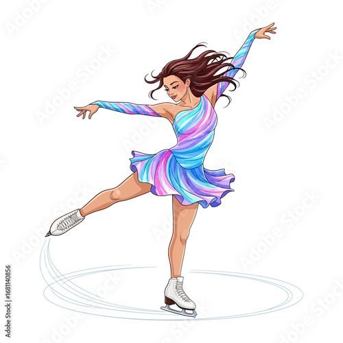 Graceful Skater's Performance: A captivating digital illustration of a female figure skater executes a graceful routine, showcasing both athleticism and artistry with dynamic swirls of the ice