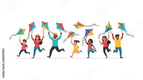 Kite Festival: A vibrant illustration depicting a diverse group of individuals of various ages joyfully running with their kites on a bright and sunny day. 