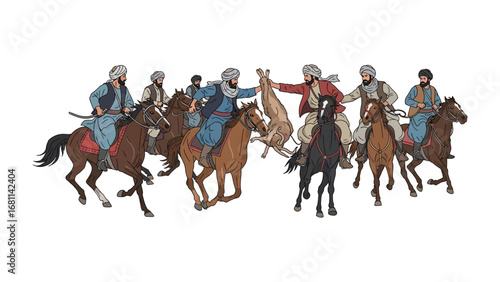 Equestrian Pursuits: An illustration of figures on horseback engage in a traditional equestrian pursuit, full of historical detail and cultural significance.