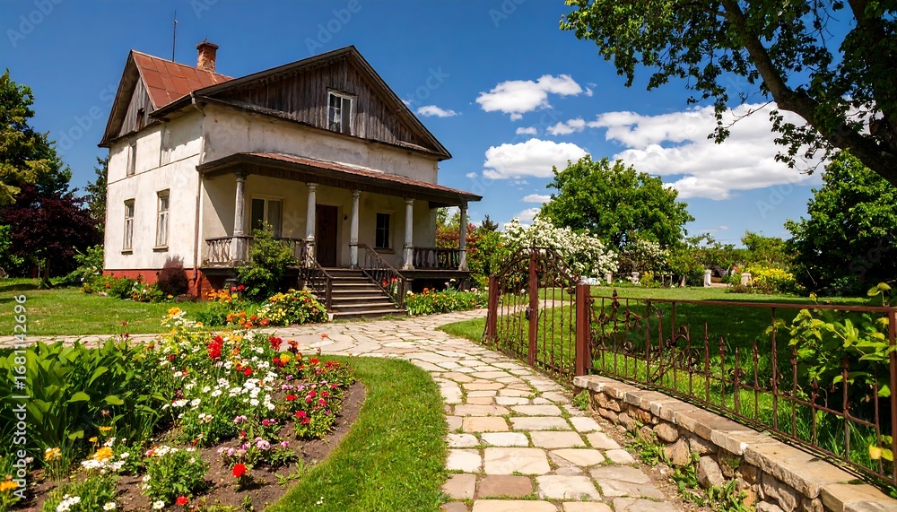 Fototapeta premium Quaint house with colorful garden path