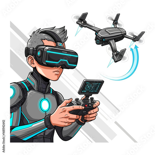 Drone Pilot and VR Goggles: Futuristic scene featuring a person immersed in virtual reality using VR goggles while operating a drone, showcasing innovation.